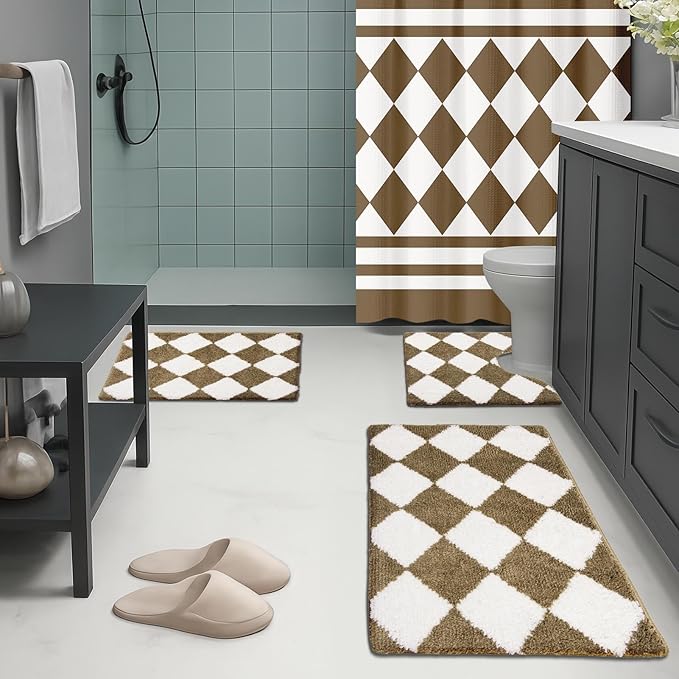 Britimes Brown Geometric Bathroom Sets with Shower Curtain and Rugs, Ombre Modern Minimalist Striped Waterproof Shower Curtain Liner and Soft Non Slip Bath Mat for Bathroom Decor and Accessories Hooks