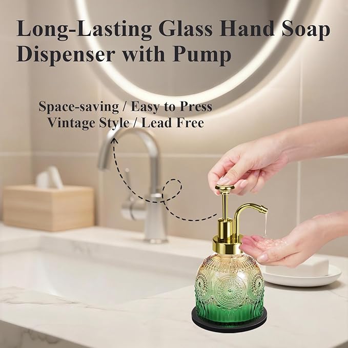 Amolliar 8 Oz Vintage Glass Bathroom Soap Dispensers with Pump, 2 Pack Refillable Kitchen Dish Soap Dispenser with Stripe, Antique Rustic Hand Soap Liquid Bottle (Green Gradient-Golden Pump)