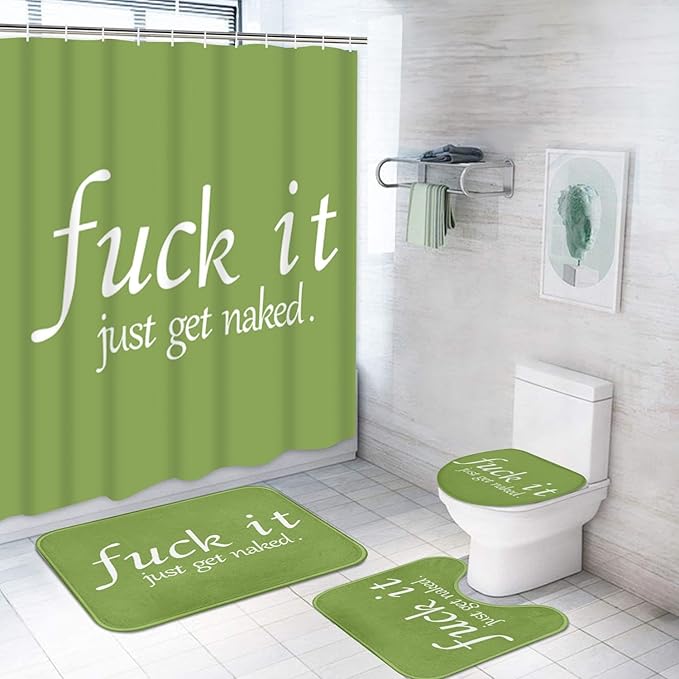 ArtSocket 4PC Green Funny Get Naked Shower Curtain Sets Bathroom Decor with Rugs, Non-Slip Rug,Toilet Lid Cover, Bath Mat and 12 Hooks 72x72 inches