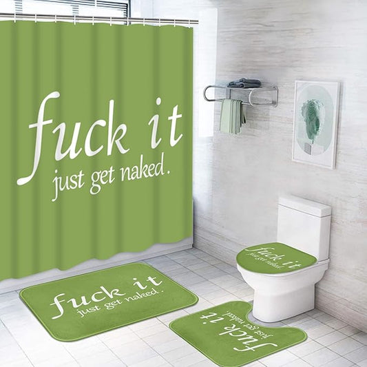 ArtSocket 4PC Green Funny Get Naked Shower Curtain Sets Bathroom Decor with Rugs, Non-Slip Rug,Toilet Lid Cover, Bath Mat and 12 Hooks 72x72 inches
