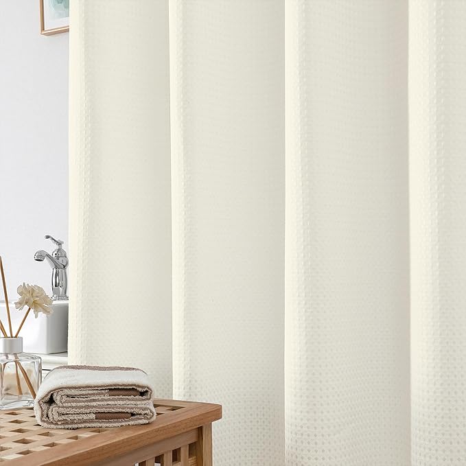 OWENIE Cream Shower Curtain, Stall Small Waffle Weave Heavy Fabric Shower Curtains for Narrow Size Bathroom, Waterproof Soft Hotel Spa Luxury Bath Curtain Set, Machine Washable, Cream, 36x72 Inch