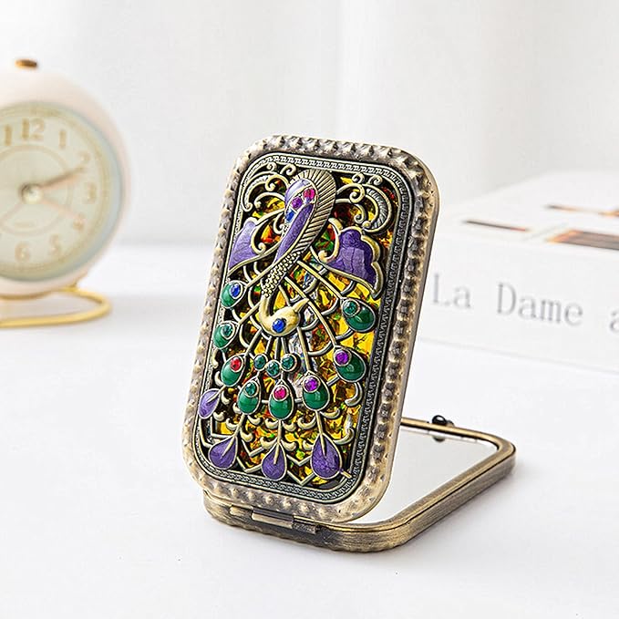 TANG SONG 6PCS Vintage Peacock Pattern Cosmetic Makeup Pocket Purse Magnification Jewel Mirror (6 Different Patterns)