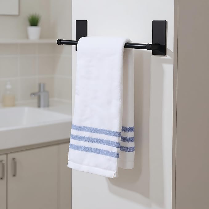 Songtec Adhesive Towel Bar Black 16-Inch, Stick On Bath Towel Rack No Drill, Strong Adhesion Tape Mount Towel Holder, Stainless Steel - Black