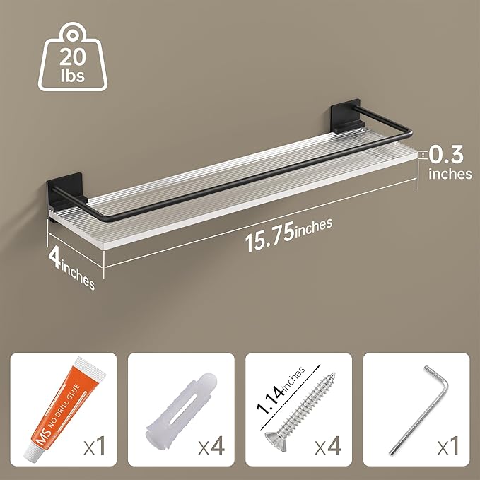 Acrylic Bathroom Floating Shelves - Set of 2, Wall Mounted Shelves for Suitable for Lavatory, Kitchen, Laundry Room, Farmhouse, for Item Storage/Room Decoration (Black)