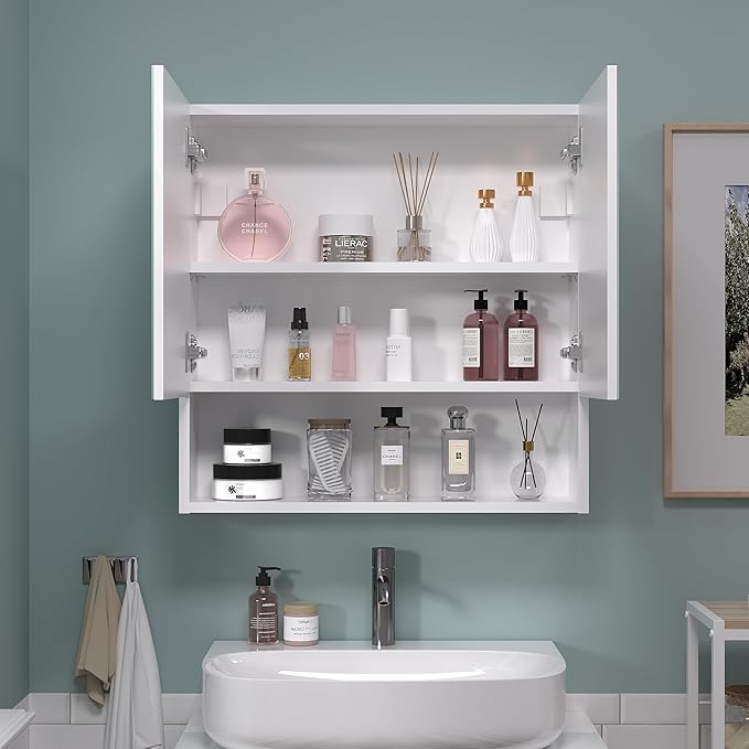 Bathroom Cabinet with Mirror, Wall Cabinet with 2 Mirrored Doors, Adjustable Shelf, Open Compartment, Wall-Mounted, 24x24 Inches, White (Assembly Required)