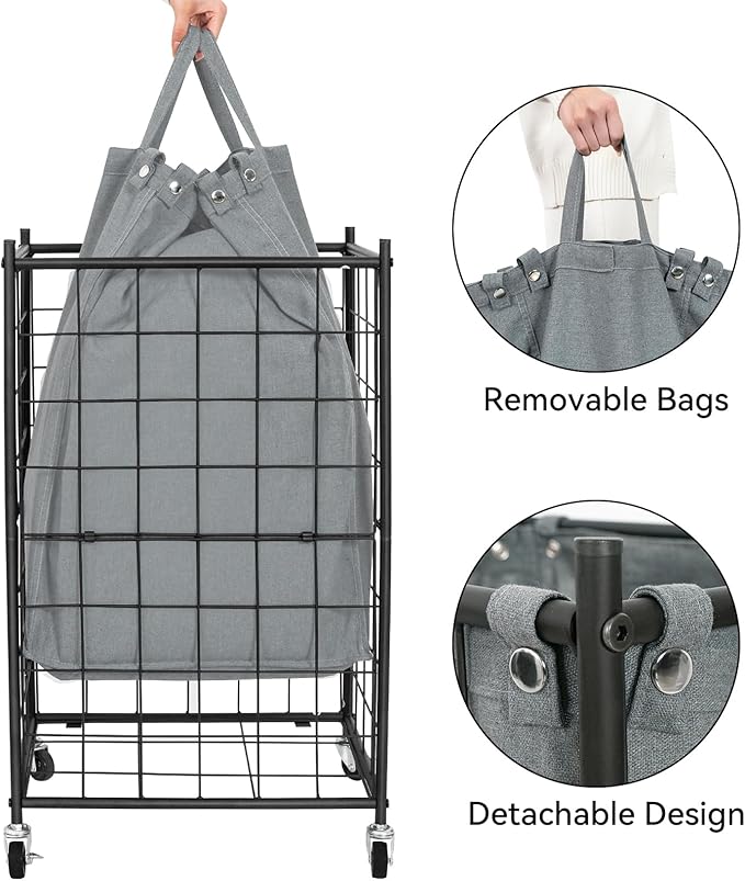 WOWLIVE Laundry Hamper with Wheels,Metal Wire Frame Rolling Laundry Basket with Removable bag,100L Dirty Clothes Hamper Organizer Dorm Room Storage for Bedroom,Bathroom,Grey