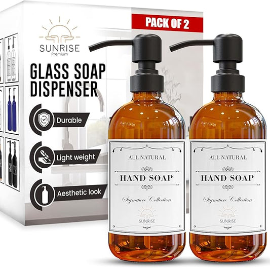 Sunrise Premium 2 Pack Amber Glass Soap Dispenser 16 OZ with Matte Black Stainless Steel Pump, Hand and Dish Soap Dispenser Set for Bathroom and Kitchen Sink with 6 Waterproof Labels