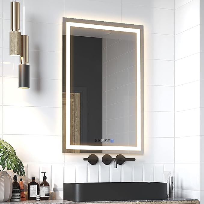 24x36 Inch Rectangular LED Bathroom Mirror with Lights Front and Backlit, 3 Color Modes, Touch Dimmer, Anti-Fog - Wall Mounted Vanity Mirror for Bathroom, Bedroom - Fab Glass and Mirror