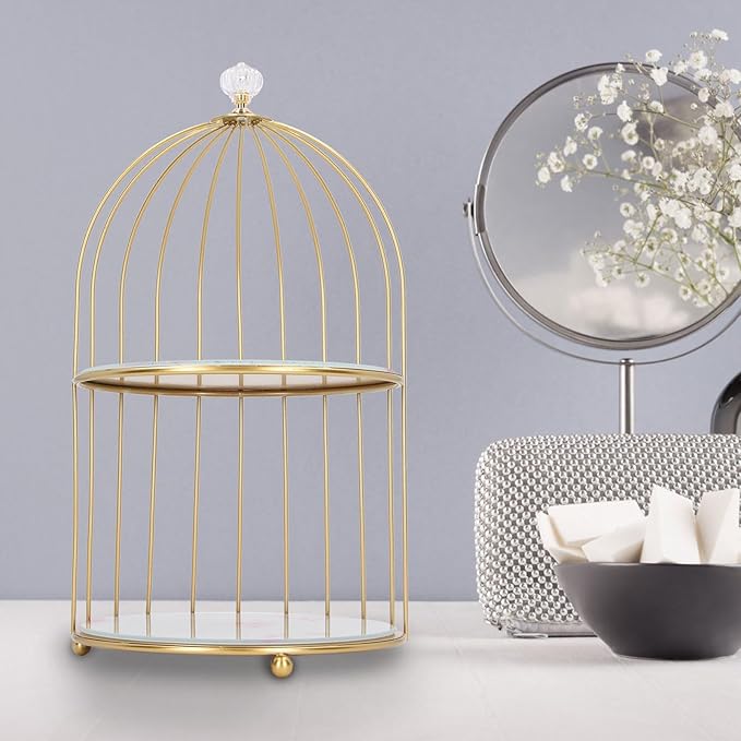 Double Layer Storage Shelf Bird Cage Organizer Display Rack for Bathroom Countertop Dressing Table Gold Frame (Pink Stone Pattern)