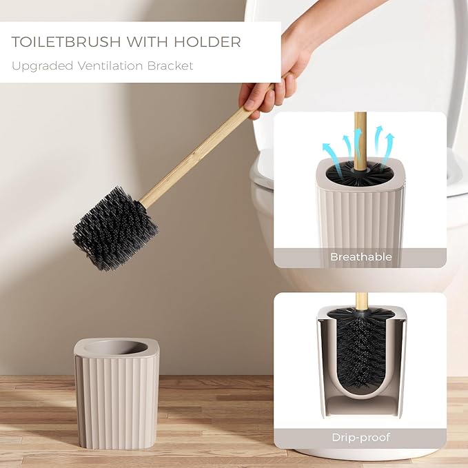 Bathroom Accessories Set - Unbreakable Beige Bathroom Set, Trash Can, Toilet Brush with Holder, Soap Dispenser, Toothbrush and Toothpaste Holder, Tumbler, Soap Dish, Qtip Holders, Tray, Bamboo Decor
