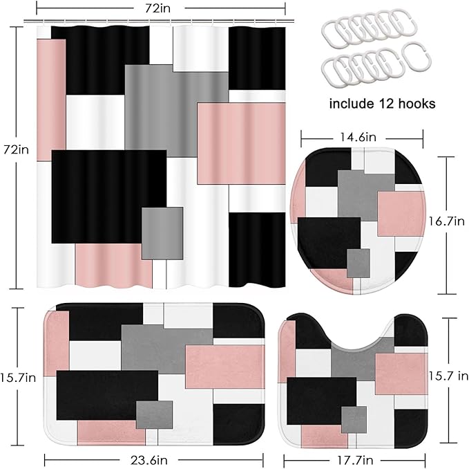 Pink Geometric Shower Curtain Set with Toilet Lid Cover and Non-Slip Rugs for Bathroom, Grey Black White Checkered 4 Pcs Shower Curtain, Abstract Modern Bathroom Set with 12 Hooks