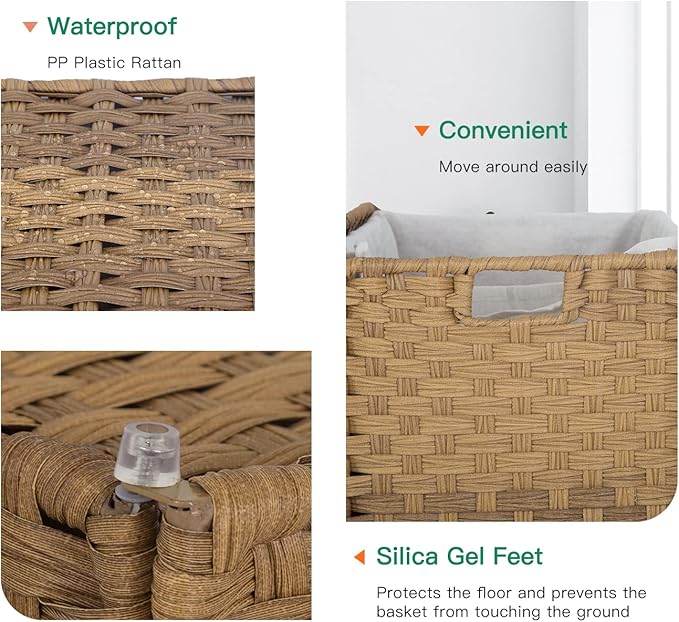 Paylesshere Laundry Basket Handwoven Laundry Hamper 90L/110L Foldable Rattan Laundry Hamper With Lid,2 Removable Liner Bags & 6 Bags,Clothes Bathroom Basket,Natural