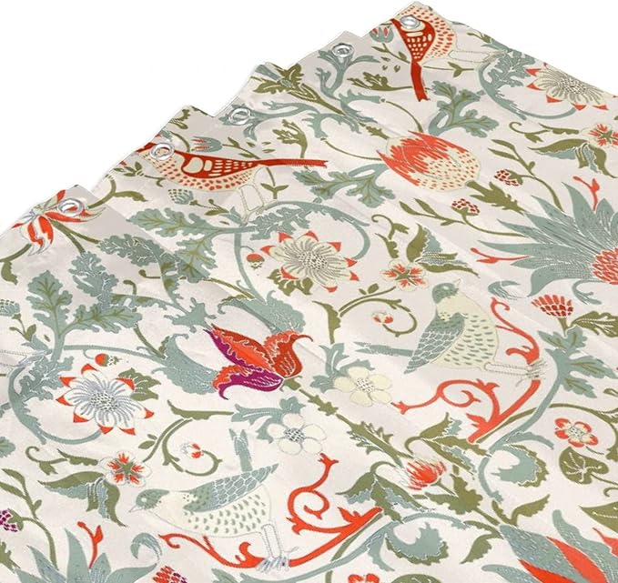 Bohemia William Morris Art Fabric Shower Curtain,Abstract Retro Mid Century Boho Floral Bird Hotel Quality,Machine Washable,84L x72W for Bathroom.