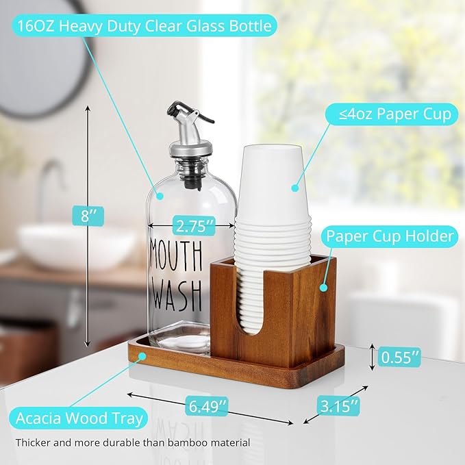 Glass Mouthwash Dispenser for Bathroom, 16 OZ Mouthwash Dispenser with Pour Spout and Acacia Wood Cup Holder and Tray, Mouth Wash Bottle Container, Farmhouse Kitchen Bathroom Decor and Accessories