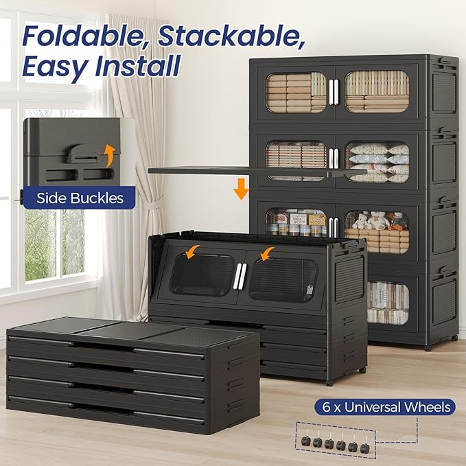 150Gal Extra Large Stackable Storage Bins with Lid & Wheels & Doors, 200QT/50GAL 3-Tiers Collapsible Closet Organizers Plastic Containers Drawers Boxes for Home Kitchen Bedroom, Black