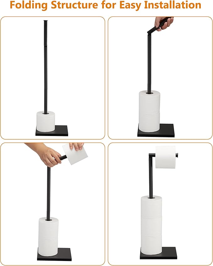 Free Standing Bathroom Toilet Paper Holder Stand with Reserve, Stainless Steel Pedestal Tissue Roll Holder, Black DECLUTTR