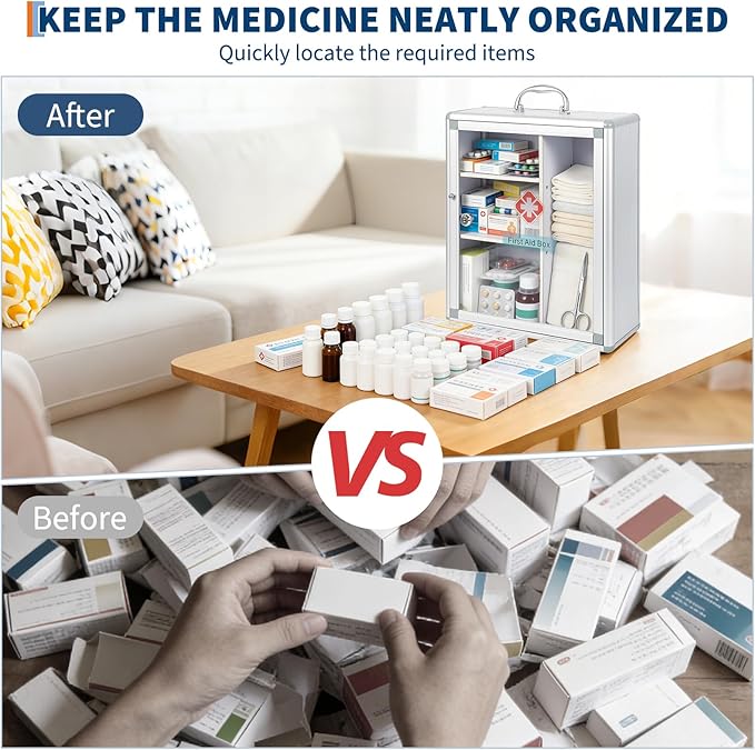 Garvee Large Lockable Medicine Cabinet with Handle,Protable First Aid Cabinet Wall Mount with Sticker for Bathroom,13.78"×5.51"×16.53",Sliver