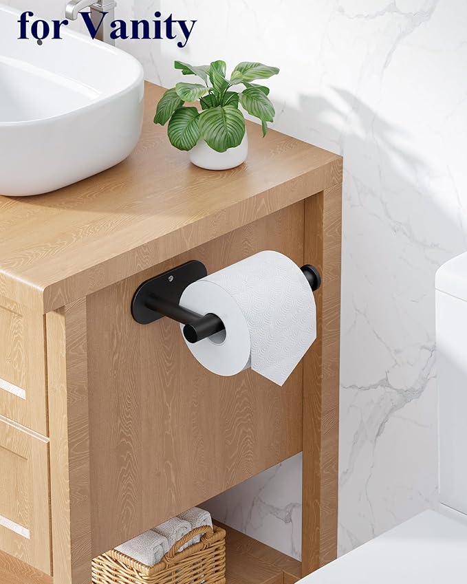Kitsure Bathroom Toilet Paper Holder - Premium Waterproof Stainless Steel Wall-Mount & Adhesive Toilet Paper Holder, Installation, Ideal for Bathroom, Washroom, RV, Black, 6.5" L