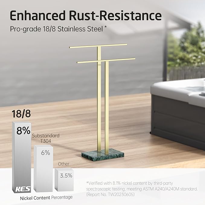 KES Standing Towel Rack with Green Natural Marble Base, 2-Tier Luxury Bath Towel Holder Stand for Bathroom Floor, Fits Bath Towel & Hand Towel, 18/8 Stainless Steel Brushed Gold, BTH217-GBZ