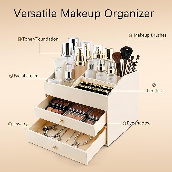 Homeanda Makeup Organizer with Drawers, PU Leather Cosmetic Storage Box Large Cosmetic Display Case for Skincare, Lipstick, Brushes, Bedroom Storage(Beige)