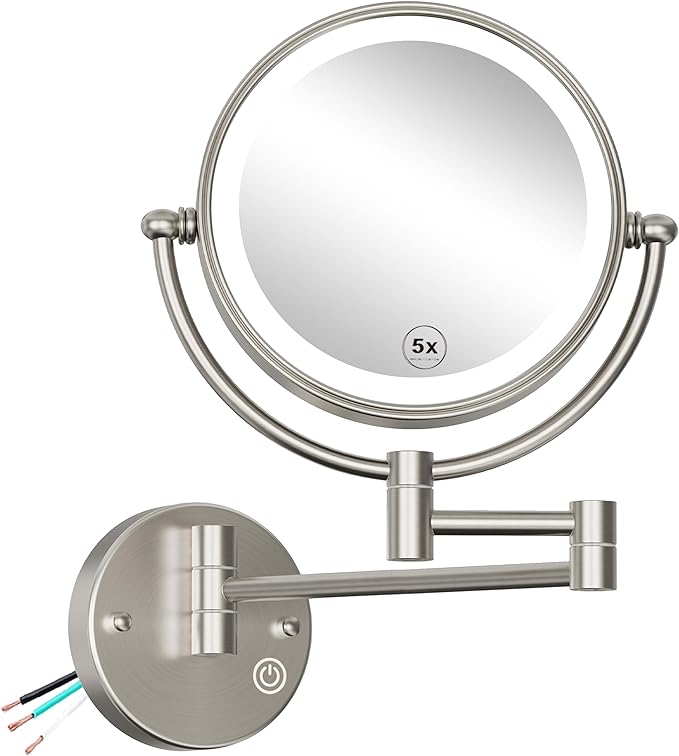 Hardwired Wall Mount Magnifying Mirror with Light, 1X/5X Double Sided 3-Colors LED Lighting Touch Dimming Extended Arm 360 Rotation Ergonomically Makeup Mirror for Bathroom, Brushed Nickel