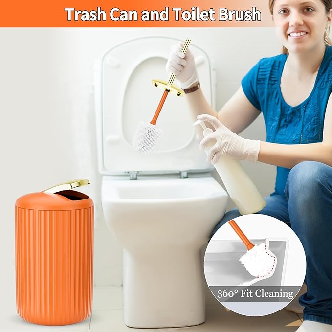 XLHOMO 9PCS Orange Bathroom Accessories Set Complete with Trash Can, Vanity Tray, Soap Dispenser, Soap Dish, Toothbrush Holder, Toothbrush Cup, Toilet Brush and Qtip Holders