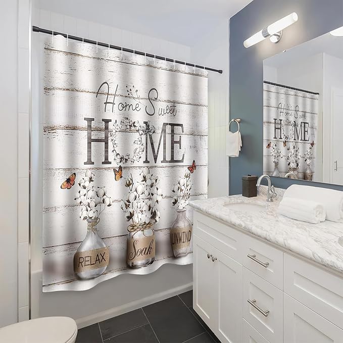 Farmhouse Shower Curtain Cotton Flowers Rustic Bathroom Decor with Waterproof Fabric, Country Style Home Sweet Home Shower Curtains for Vintage Bathroom, 72x72 Inch