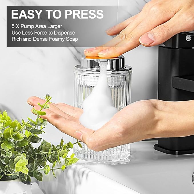 KASUNTING Foaming Soap Dispenser, 11 Fl Oz Clear Glass Foam Hand Soap Dispenser for Bathroom & Kitchen, Refillable Foaming Bottle with Sliver Pump, Modern Ribbed Dish Soap Foam Dispenser