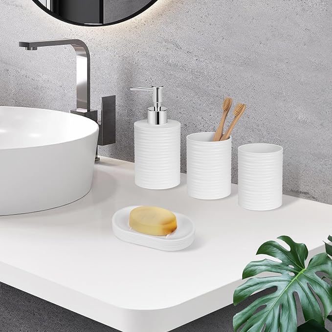 Plastic Bathroom Accessories Set 4Pcs, White Bathroom Accessory Set Includes Liquid Soap Dispenser with Rust-Proof Plastic Pump, 2Pcs Bathroom Cup, Soap Dish for Modern Home Apartment
