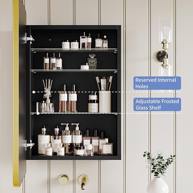 AGDULL Bathroom Wood Black Cabinet with 20''x30'' Brushed Gold Metal Frame Curved Mirror, Recessed Medicine Cabinet, Bathroom Storage Cabinet