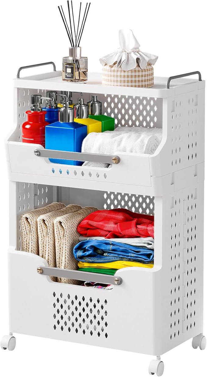 Laundry Basket with Wheels,Folding Laundry Hamper,utility cart,Kitchen storage Cart,Stackable Laundry Basket Holder,Rolling Dirty Clothes Hamper,Plastic laundry room organization (2 Large-Tier)
