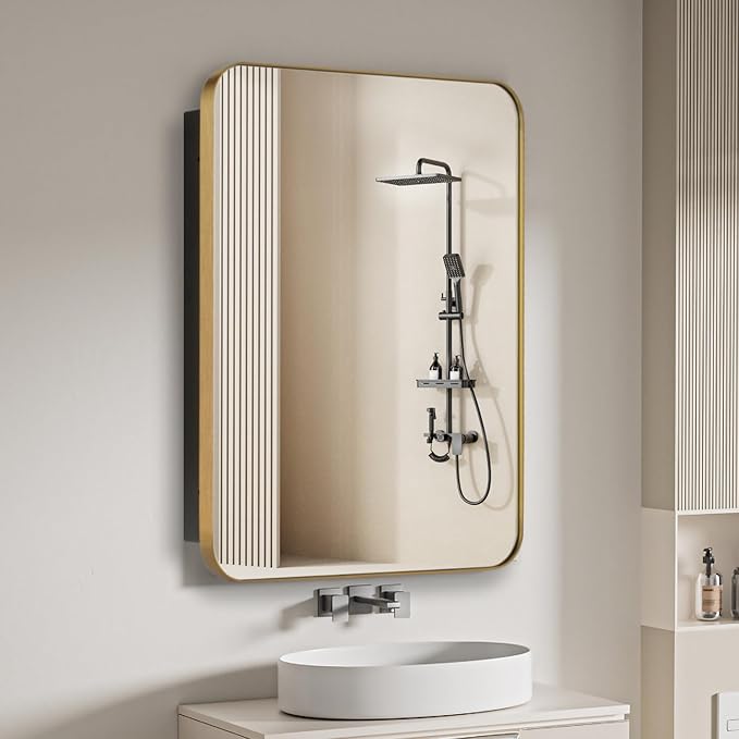 20" x 26" Bathroom Medicine Cabinet with Mirror Door, Brush Gold Stainless Steel Frame, Recessed or Surface Mounted,Storage Cabinet with Adjustable Metal Shelves,Upgraded Version