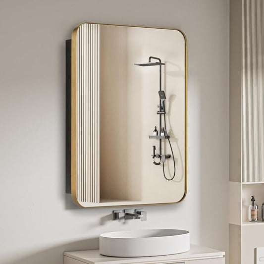 16" x 20" Bathroom Medicine Cabinet with Mirror Door, Brush Gold Stainless Steel Frame, Recessed or Surface Mounted,Storage Cabinet with Adjustable Metal Shelves,Upgraded Version