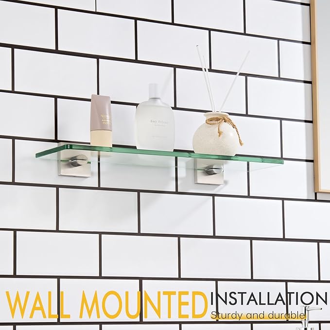KOKOSIRI Glass Shelf for Bathrooms Floating Shelves Wall Mount 16-Inch for Shower Storage Kitchen Rack, 2 Pack Brushed Stainless Steel B1107BR-L16-P2