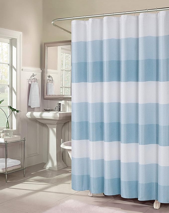 Dainty Home Waffle Weave Waterproof Shower Curtains for Bathroom, Blue 70 icnhes, Extra Long Shower Curtain, Waterproof Fabric 12 Roller Ball Hooks
