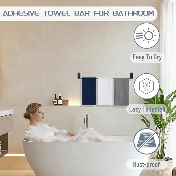 Alise Adhesive Towel Bar, 28 Inch Towel Racks for Bathroom SUS 304 Stainless Steel,Long Bathroom Towel Holder No Drill, Strong Self Adhesive Towel Bar, Matte Black