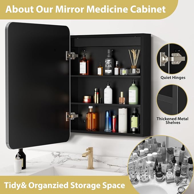 ROOMTEC Lighted Medicine Cabinet with Mirror 16"x24", Bathroom Mirror Cabinet with Lights and Storage, Single Doors Bathroom Wall Cabinet with LED Lights,Silver