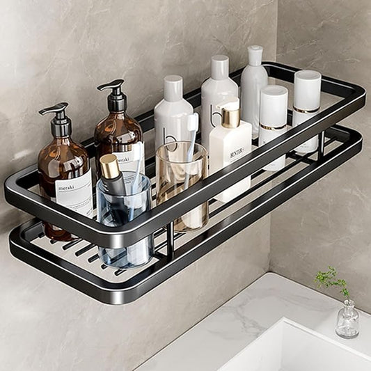 Wall Mounted Bathroom Shelves, Bathroom Storage Box with Protection Railing, Freestanding Kitchen Organizer (Color : 11.8inch, Size : Black Single)