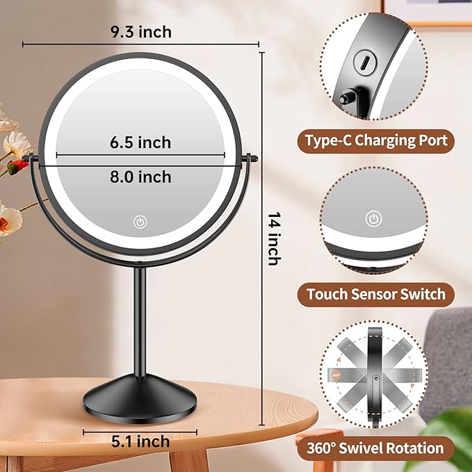 Benbilry 8 Inch Lighted Makeup Vanity Mirror with Lights 3 Color Dimmable, 1X/10X Magnifying Rechargeable Double Sided Light Up Cosmetic Mirror, 360° Swivel Cordless Standing, Black