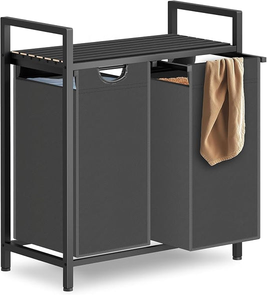 Sonharlar Laundry Hamper, Laundry Sorter with 2 Pull-Out Removable Oxford Fabric Bags Cloth Laundry Basket 2 x 10 Gallons (Grey and Charcoal Black)