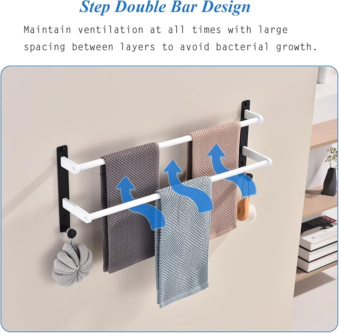 24-Inch Double Towel Bar with Hooks, Stainless Steel Towel Rod - Bathroom Wall Mounted Towel Hanger, White & Black
