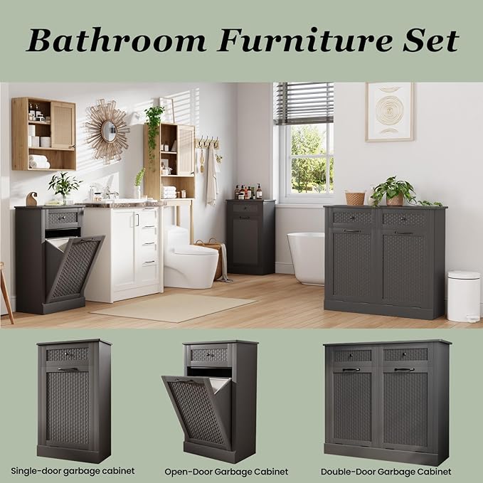 Tilt Out Laundry Hamper Cabinet, Rattan-Style Laundry Room Organization with Removable Laundry Basket, Hidden Wood Dirty Clothes Hamper with Drawer, 21.6" L x 13" W x 35.8" H, Gray