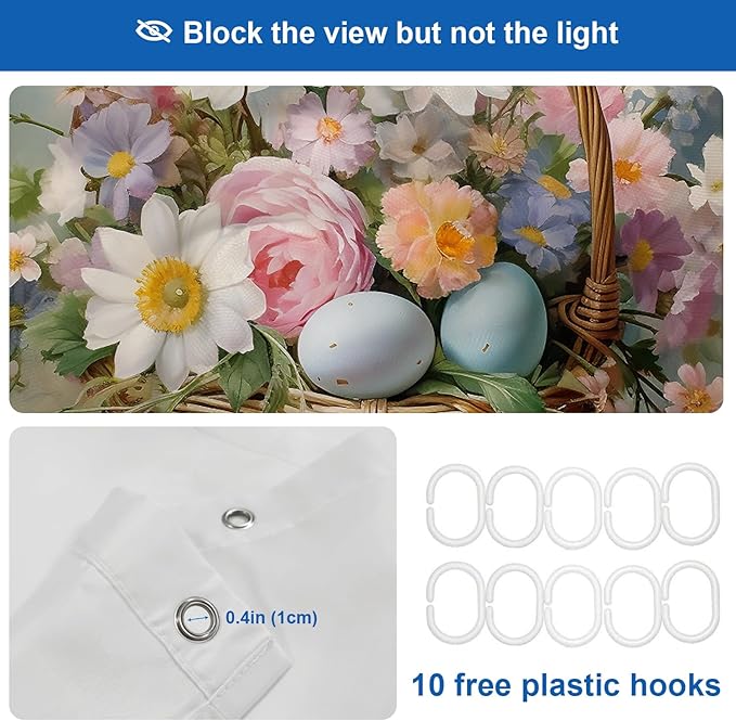 Shrahala Basket Flowers Eggs Decorative Shower Curtain, A Basket Filled with Flowers and Eggs Bathroom Décor Polyester Fiber Waterproof with Plastic Rings for Shower Stall Bathtubs 72 X 60 in