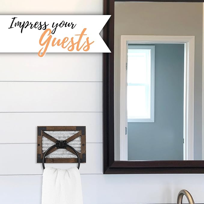 Autumn Alley Farmhouse Hand Towel Ring for Bathroom with Bracket - Bath Towel Rings Holder - Towel Rings for Bathroom Wall Mounted Decor Mix of Wood, Galvanized Metal & Black Rings