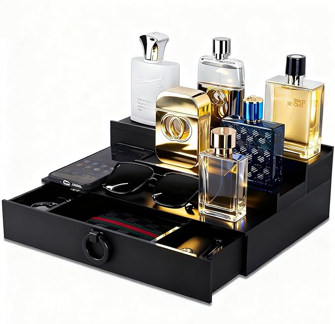 GOH&FTY Cologne Organizer for Men, 3-Tier Perfume Display Stand with Hidden Compartment, Waterproof 5MM Matte Black Acrylic, Smooth Drawers Holds 13+ Bottles, Luxury Dresser/Bedroom Decor Gift