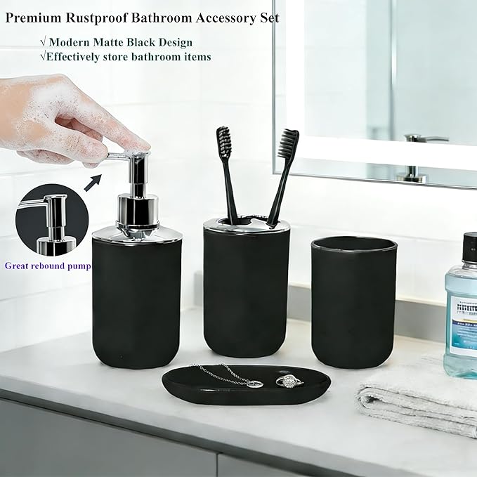 Matte Black Bathroom Accessories Set, 4 Piece Plastic Bathroom Toothbrush Holder Set, Include Soap Dispenser, Toothbrush Holder, Rinse Cup, Soap Dish, Boho Black Bathroom Decor for Home, Bathroom Set