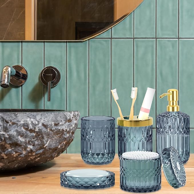 Blue Bathroom Accessories Set - 5PCS Clear Glass Bathroom Accessory Set (Toothbrush Holders, Soap Dispenser, Soap Dish, Tumbler, Cotton Swab Jar), Countertop Vanity Organizer Modern Decor Vintage Gift