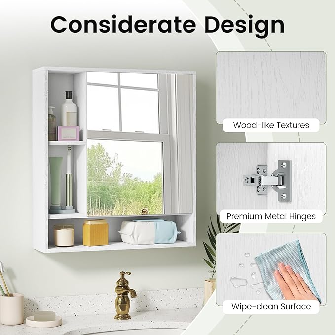 Giantex Bathroom Medicine Cabinet with Mirror, Wall Mounted Medicine Cabinet w/Single Door, 3 Open Shelves & Adjustable Shelf, Space-Saving Hanging Storage Cabinet for Living Room, Hallway (White)