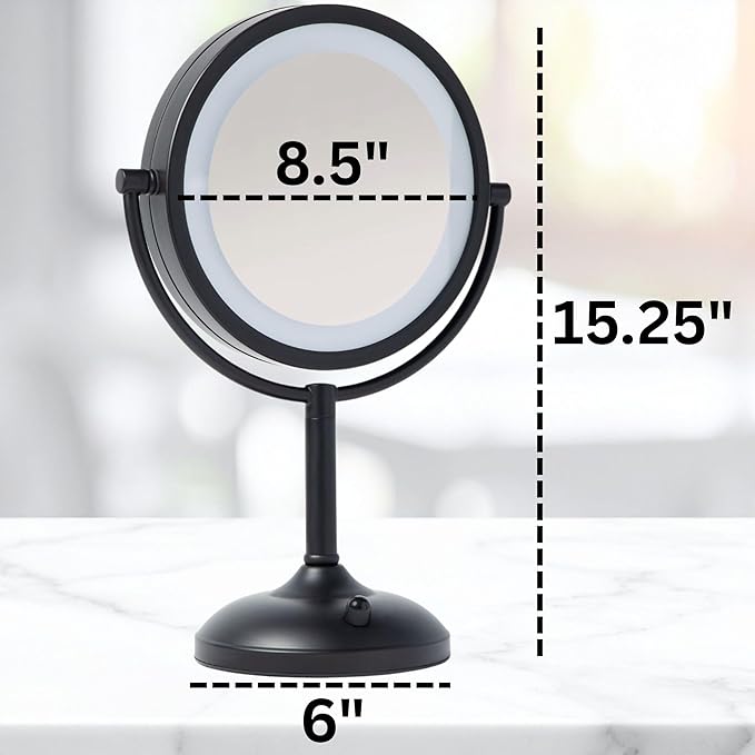 JERDON Lighted Tabletop Mirror with 10X/1X Magnification - Black Makeup Mirror with Multiple Light Settings - 8.5-Inch Diameter Vanity Mirror - Model JS8510BK
