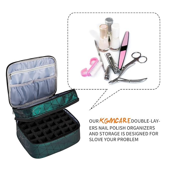 Double-Layers Nail Polish Organizers and Storage, Geometric PU Leather Carrying Case for Fingernail polish, Nail Varnish and Manicure Sets - Holds up to 30 Bottles（15ml）with Detachable Divider